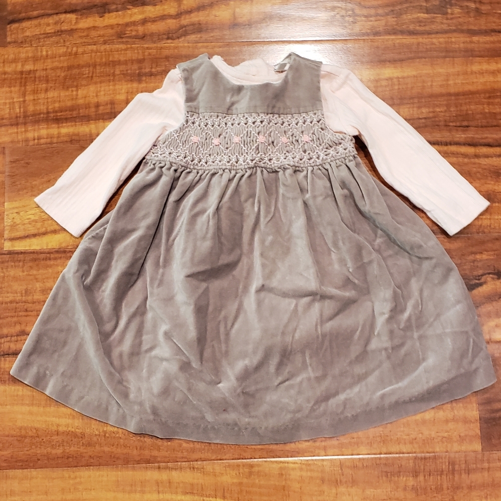 Janie and Jack EUC 12-18 months brown velveteen jumper w/ embroidery, bodysuit